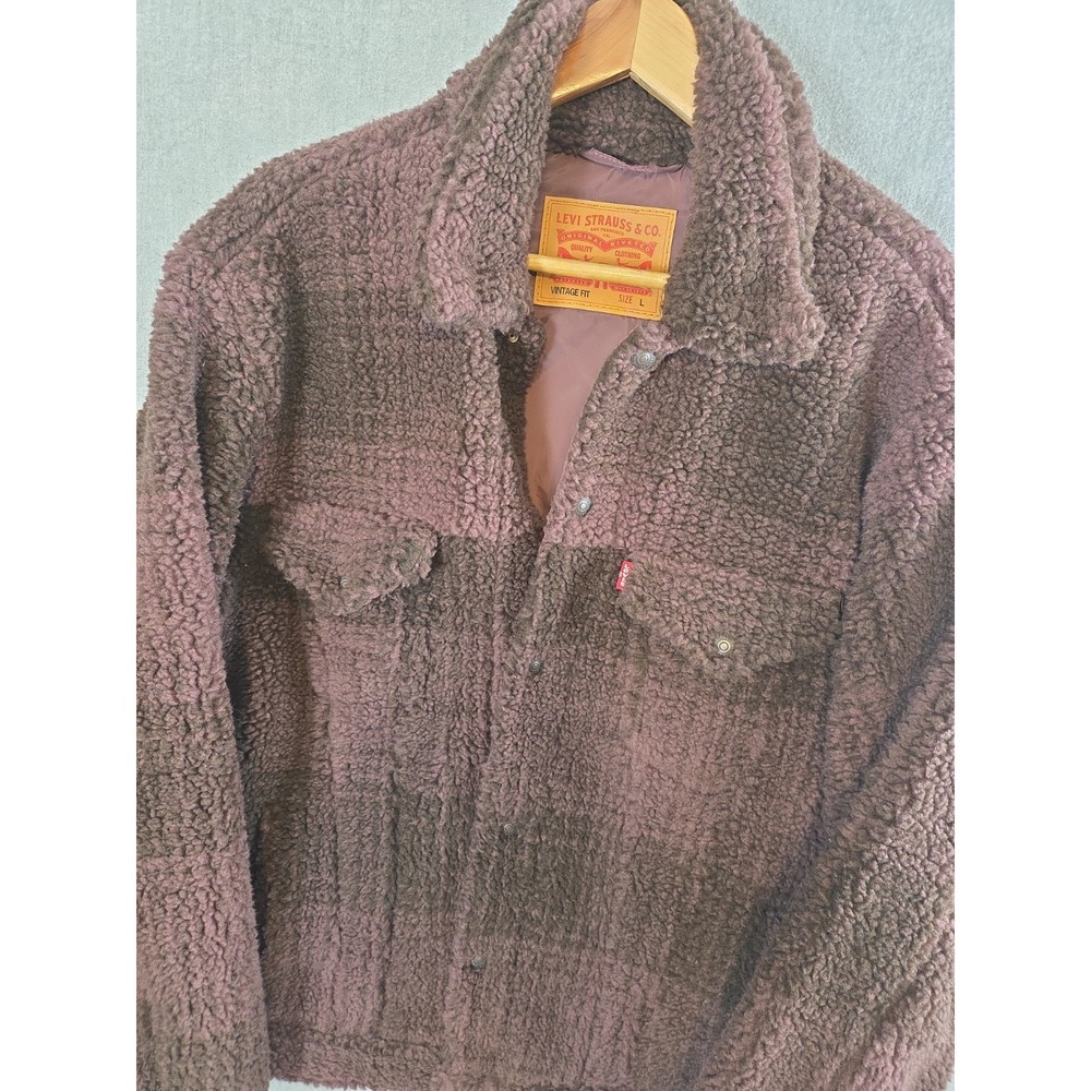 Levis Mens L Cozy Vintage Relaxed Sherpa Trucker Jacket Coat Lined Plaid Fuzzy
